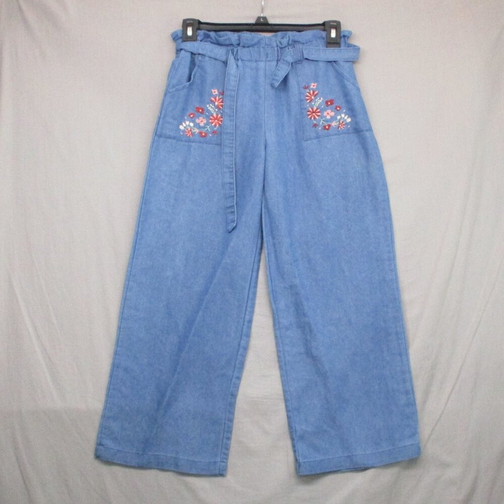 Vince Camuto Embroidery Floral Wide Leg Gaucho/Capri Pants Blue Women Size |‎ 12